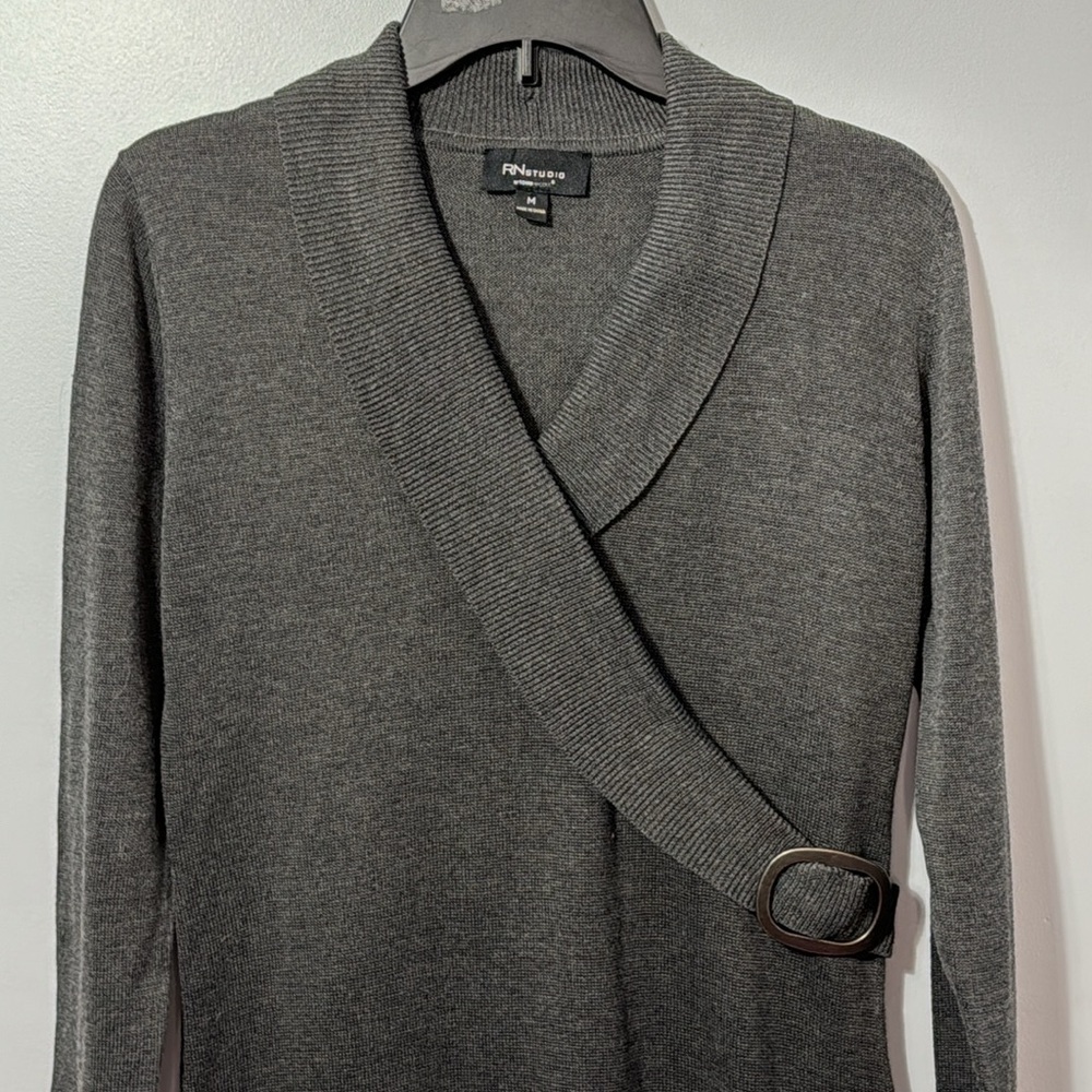Ronni Nicole Sweater Dress, Faux Wrap Style, Buckle Detail, Gray, in Size M NWT - Picture 3 of 16